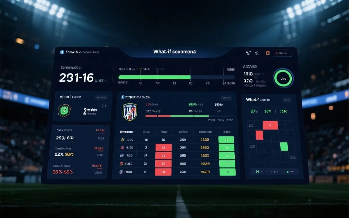 世界杯实时出线概率仪表板界面示意：概率条、第三名排行榜、情景矩阵